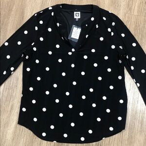 New Anne Klein Black Blouse with White Polka Dots L